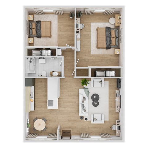 Floor plan for 2 beds, 1 bath, 875 sqft